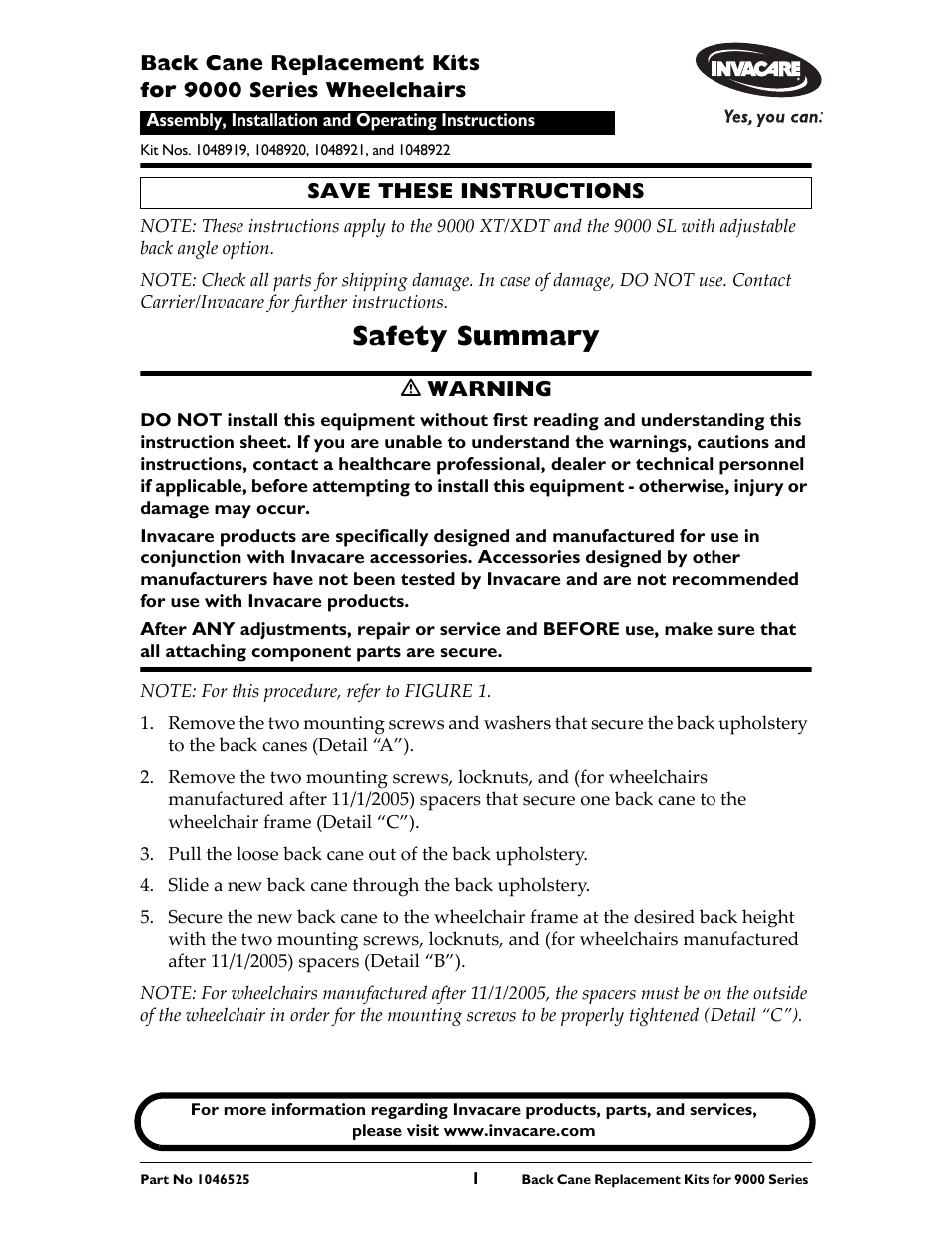 Invacare 1048920 User Manual | 2 pages