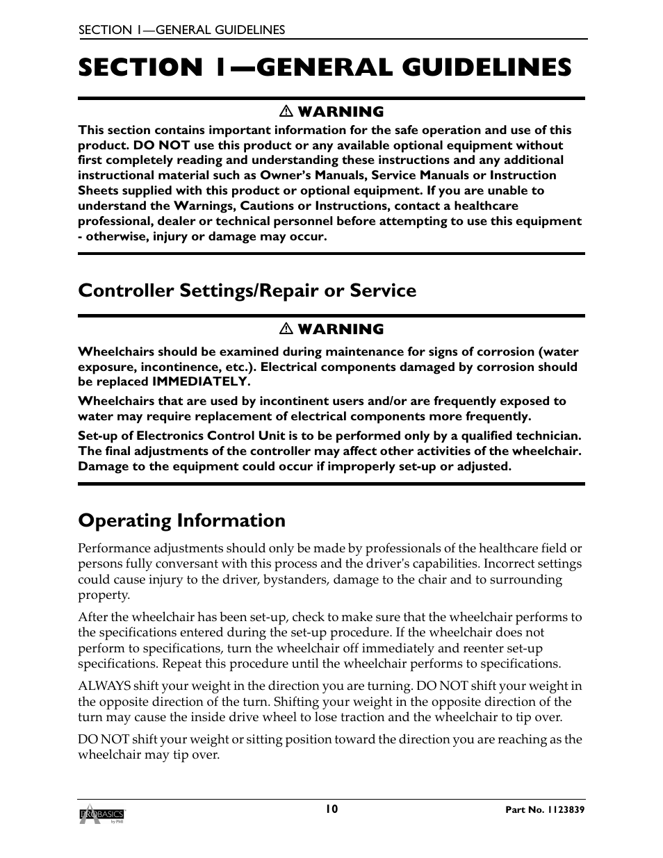 Section 1—general guidelines, Controller settings/repair or service, Operating information | Invacare Wheelchair XP6500 User Manual | Page 10 / 64