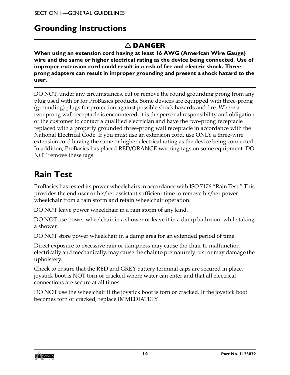 Grounding instructions rain test, Grounding instructions, Rain test | Invacare Wheelchair XP6500 User Manual | Page 14 / 64