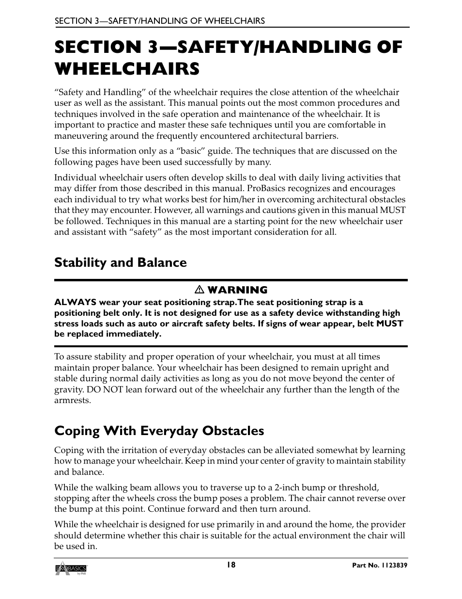 Section 3—safety/handling of wheelchairs, Stability and balance, Coping with everyday obstacles | Invacare Wheelchair XP6500 User Manual | Page 18 / 64