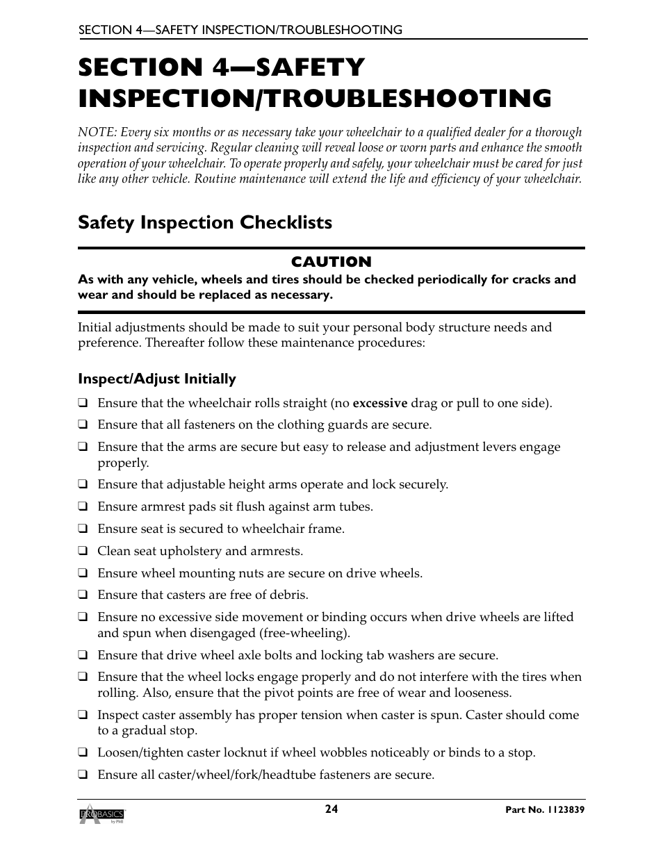 Section 4—safety inspection/troubleshooting, Safety inspection checklists, Inspect/adjust initially | Invacare Wheelchair XP6500 User Manual | Page 24 / 64