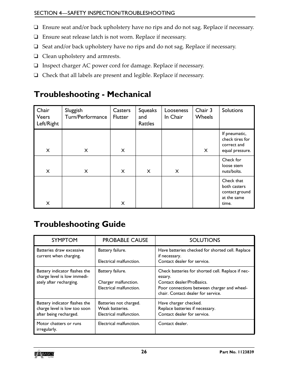 Troubleshooting - mechanical troubleshooting guide | Invacare Wheelchair XP6500 User Manual | Page 26 / 64