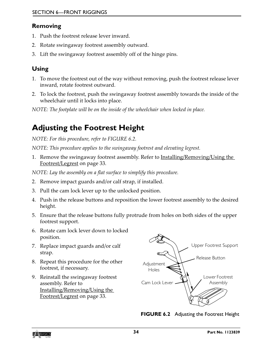 Removing, Using, Adjusting the footrest height | Invacare Wheelchair XP6500 User Manual | Page 34 / 64