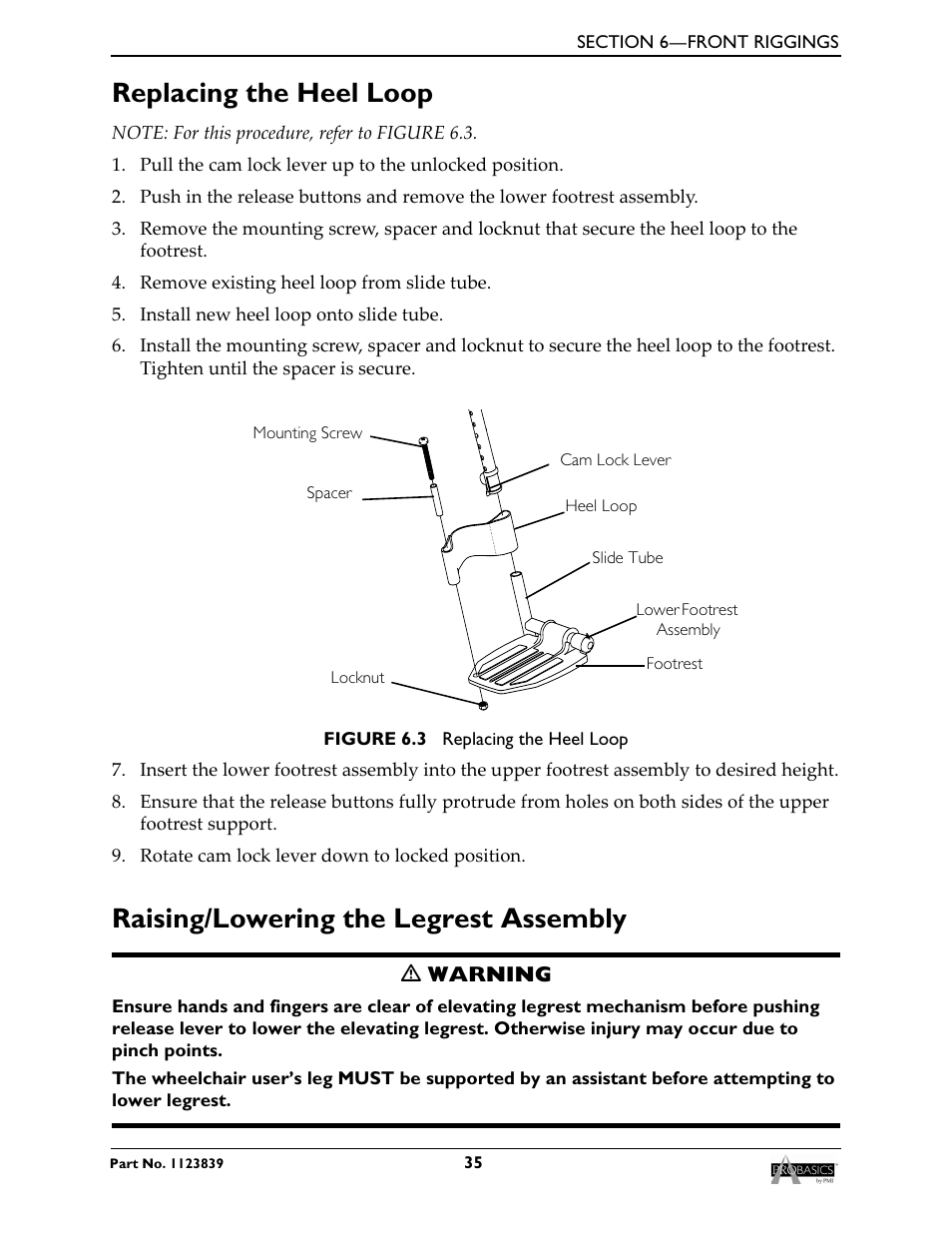 Replacing the heel loop, Raising/lowering the legrest assembly | Invacare Wheelchair XP6500 User Manual | Page 35 / 64