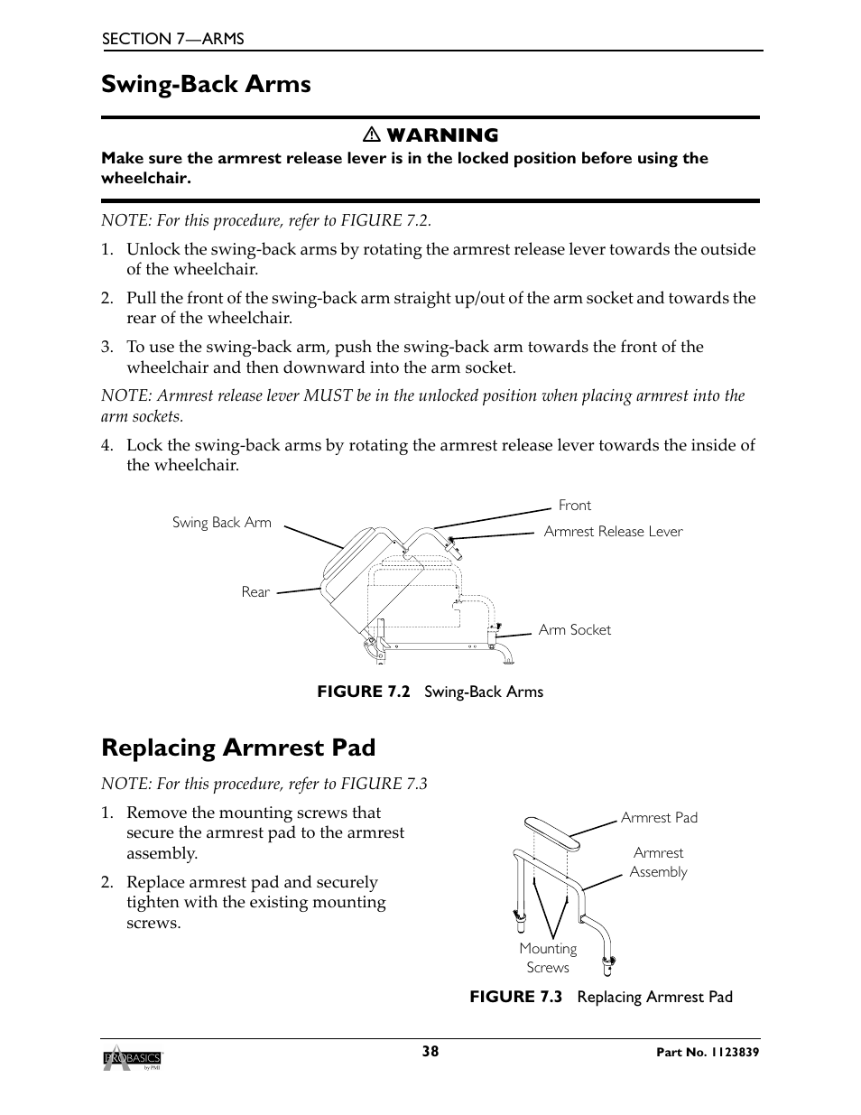 Swing-back arms, Replacing armrest pad | Invacare Wheelchair XP6500 User Manual | Page 38 / 64