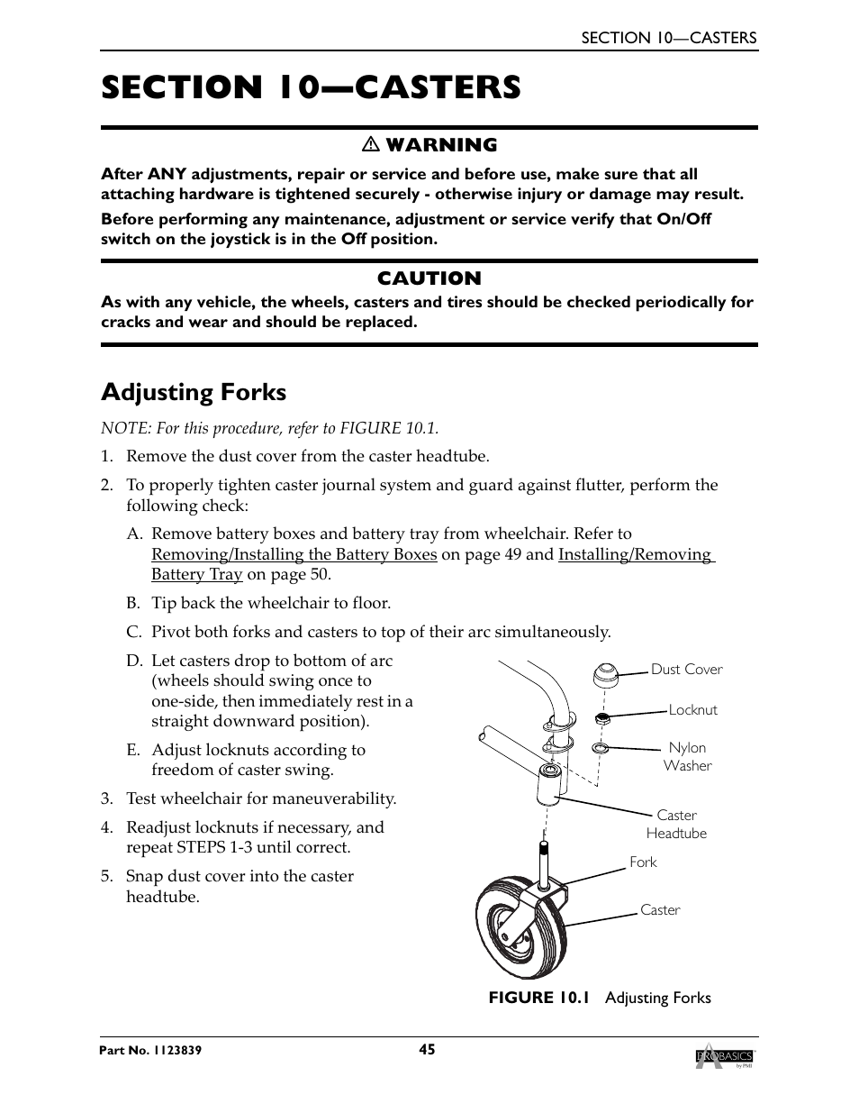 Repositioning the joystick, Section 10—casters, Adjusting forks | Invacare Wheelchair XP6500 User Manual | Page 45 / 64