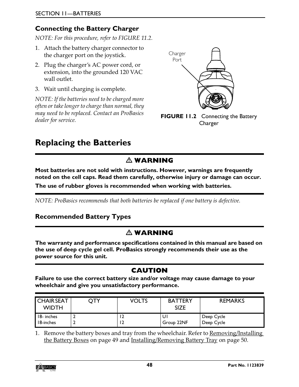 Connecting the battery charger, Replacing the batteries, Recommended battery types | Invacare Wheelchair XP6500 User Manual | Page 48 / 64