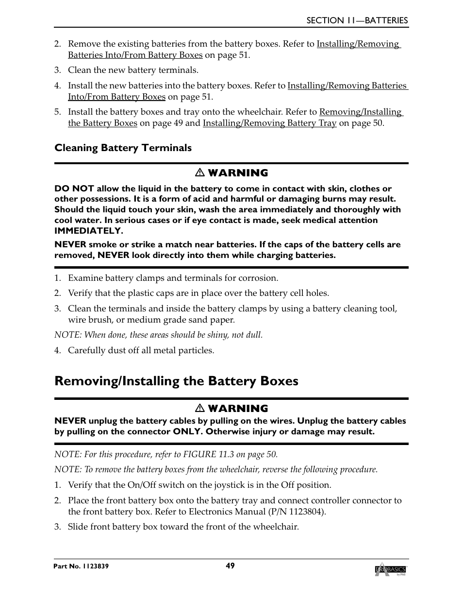 Cleaning battery terminals, Removing/installing the battery boxes, To removing/installing | Invacare Wheelchair XP6500 User Manual | Page 49 / 64