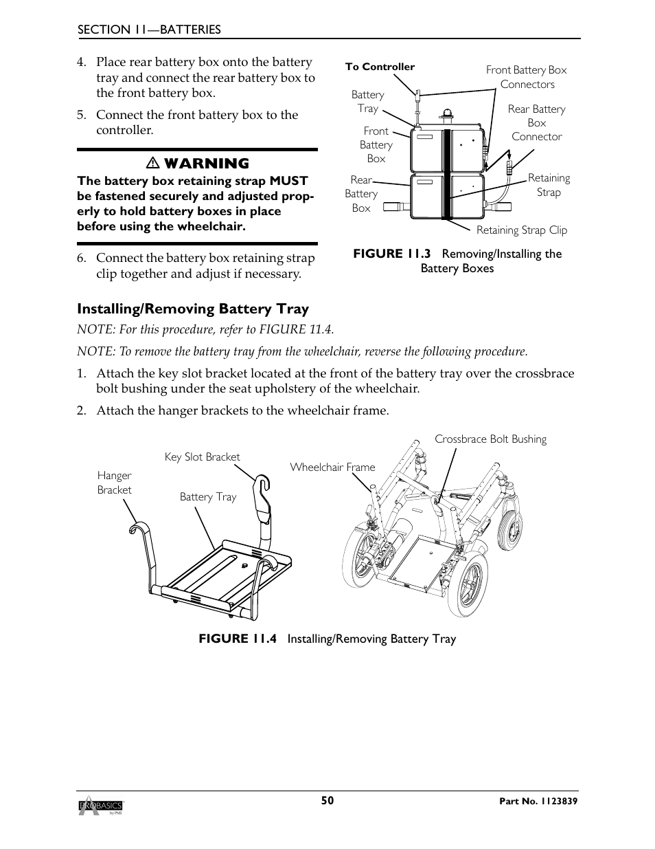 Installing/removing battery tray, Oving, Ƽ warning | Invacare Wheelchair XP6500 User Manual | Page 50 / 64