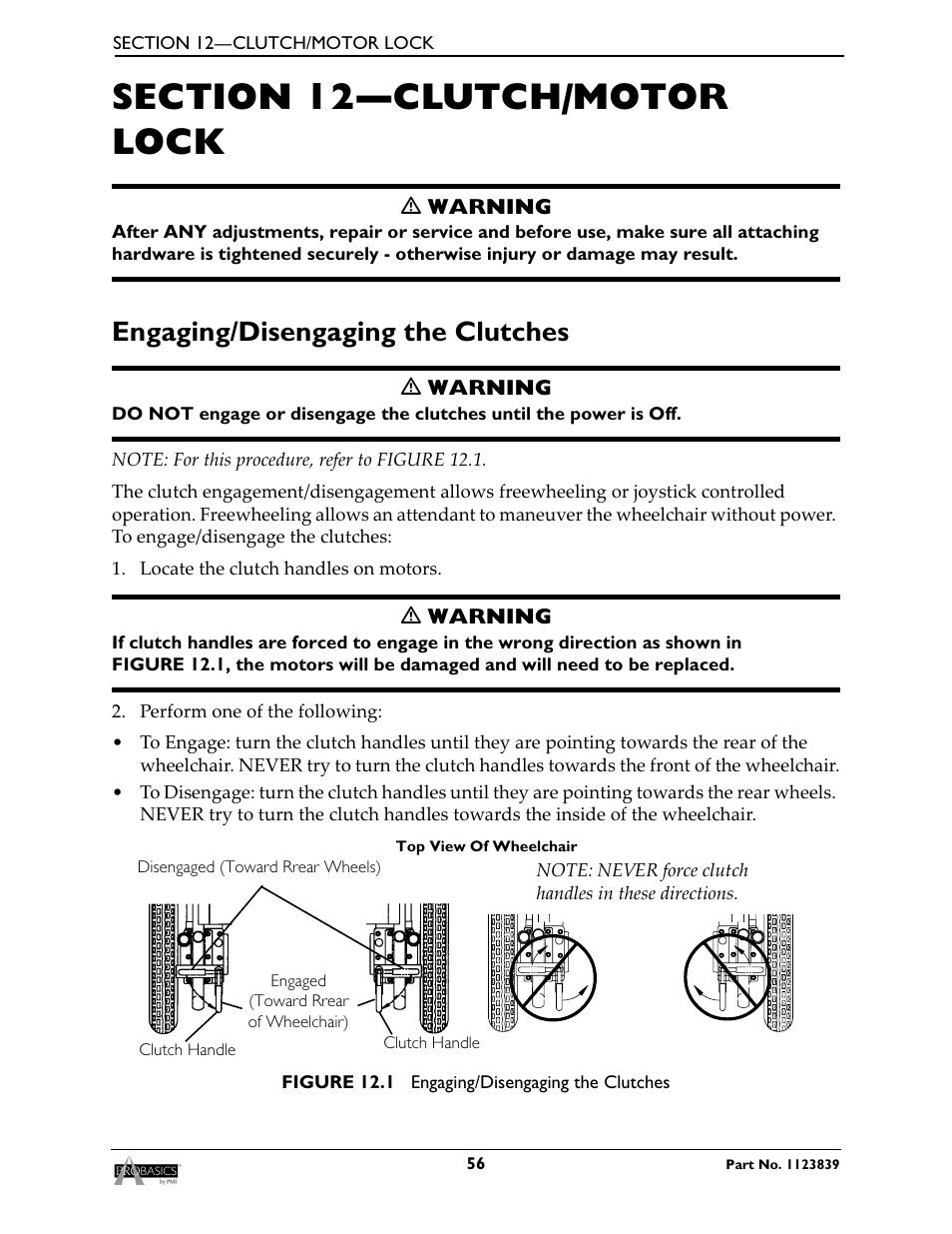 Section 12—clutch/motor lock, Engaging/disengaging the clutches, Engaging/disengaging the clutches on | Invacare Wheelchair XP6500 User Manual | Page 56 / 64