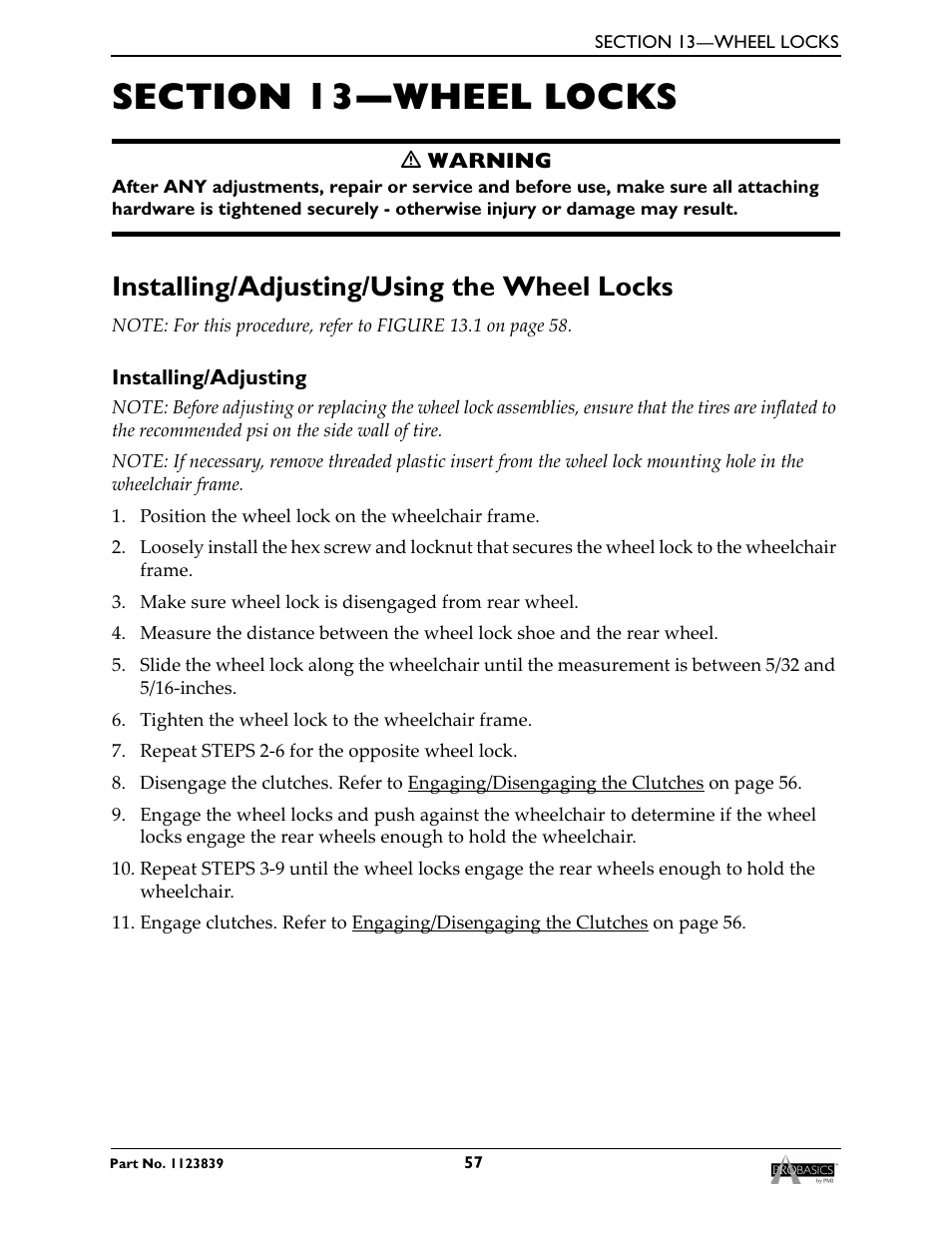 Installing/adjusting/using the wheel locks | Invacare Wheelchair XP6500 User Manual | Page 57 / 64