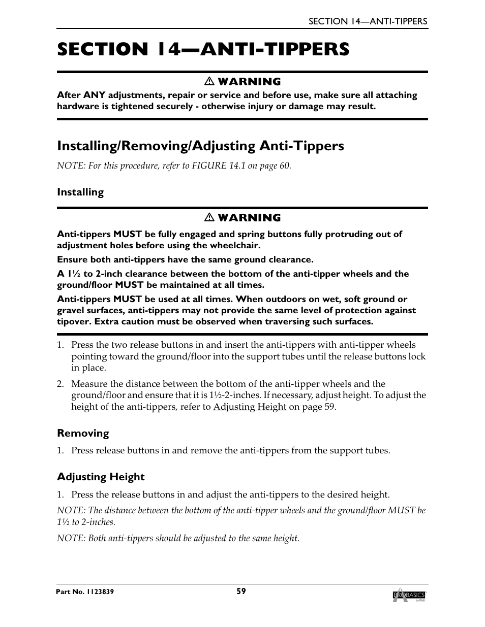 Using, Section 14—anti-tippers, Installing/removing/adjusting anti-tippers | Installing, Removing | Invacare Wheelchair XP6500 User Manual | Page 59 / 64