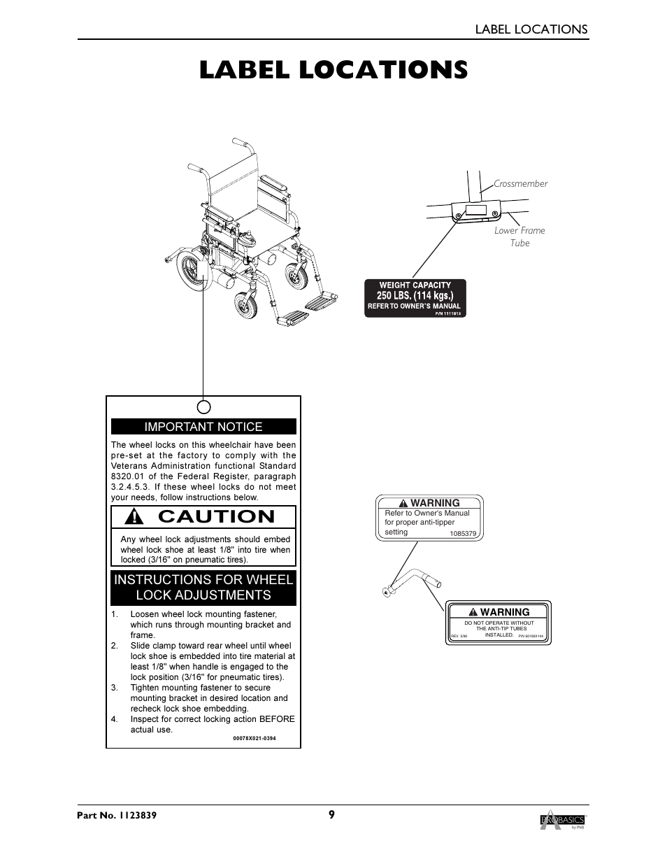 Label locations, Caution, Instructions for wheel lock adjustments | Important notice | Invacare Wheelchair XP6500 User Manual | Page 9 / 64