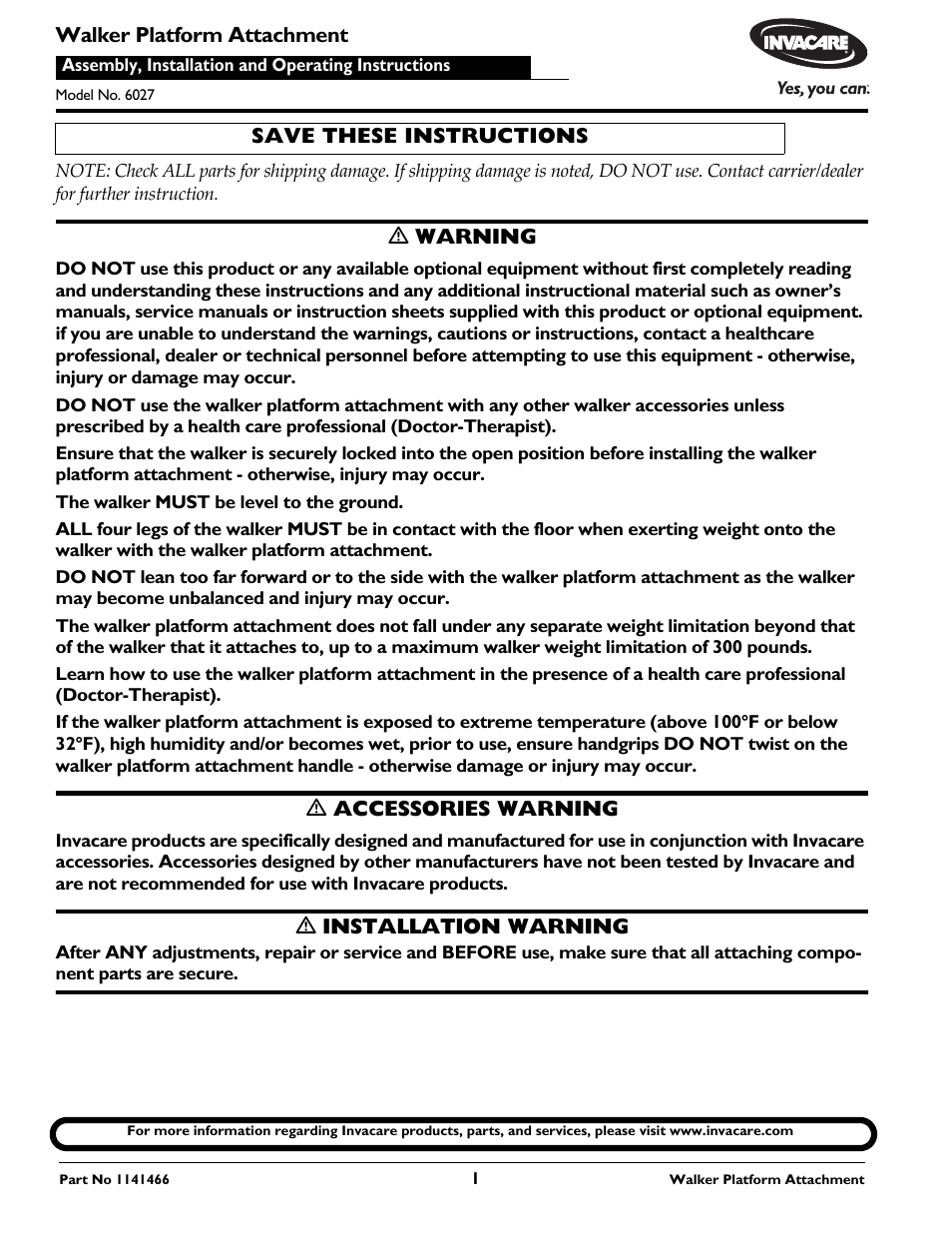 Invacare 1141466 User Manual | 8 pages