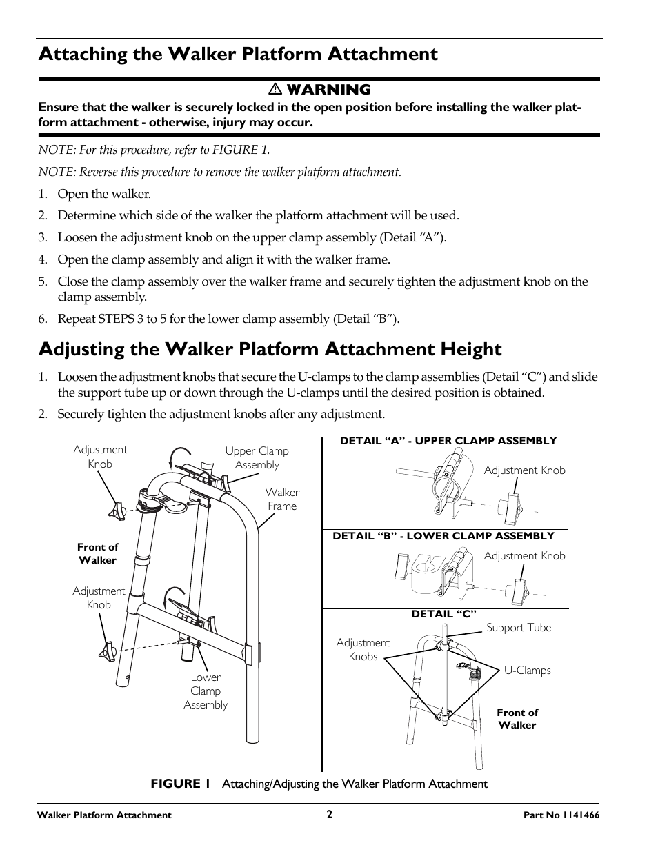 Attaching the walker platform attachment, Adjusting the walker platform attachment height, Ƽ warning | Invacare 1141466 User Manual | Page 2 / 8