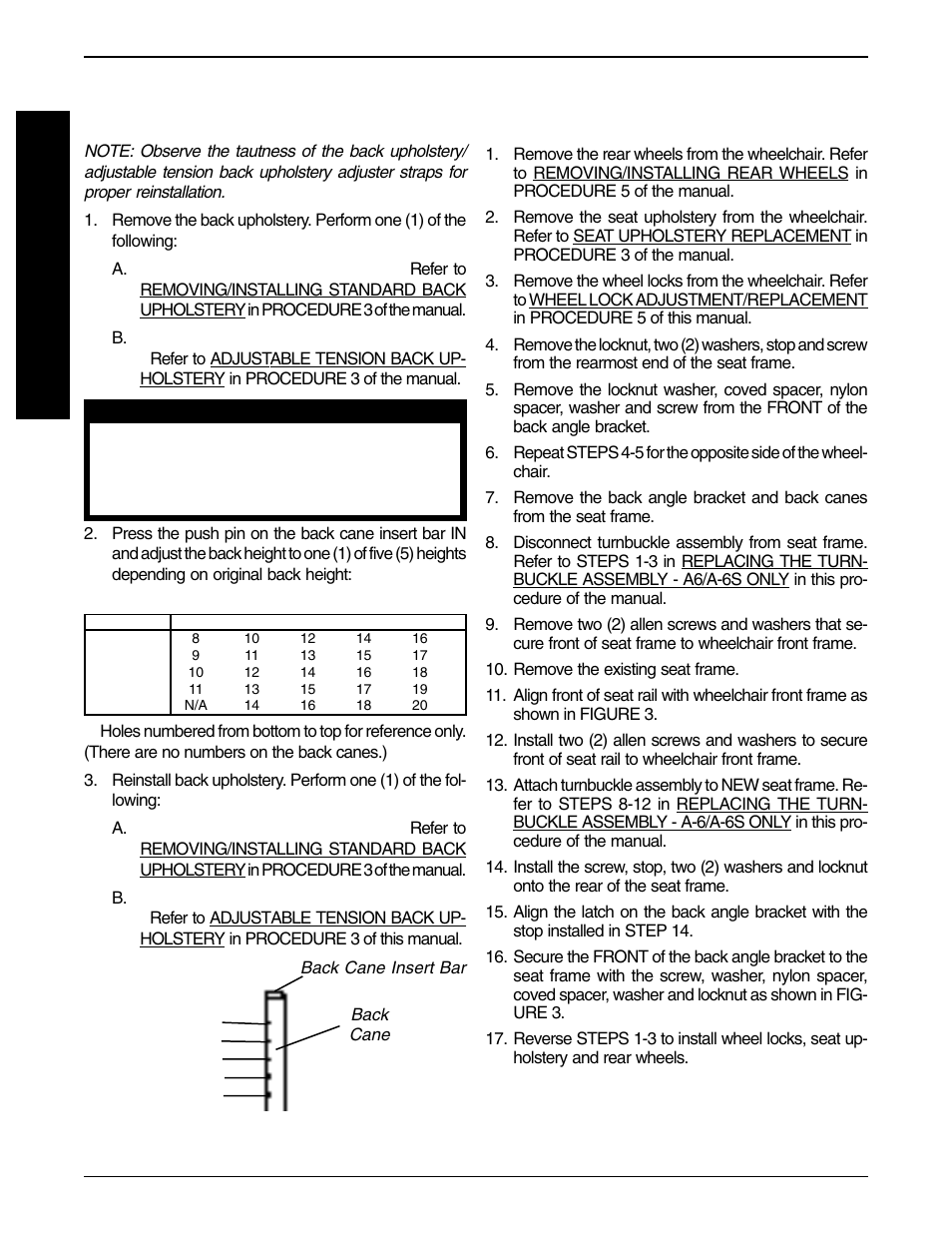 Back height adjustment (figure 2), Replacing seat frame - a-6/a-6s only (figure 3) | Invacare F-6S User Manual | Page 18 / 52