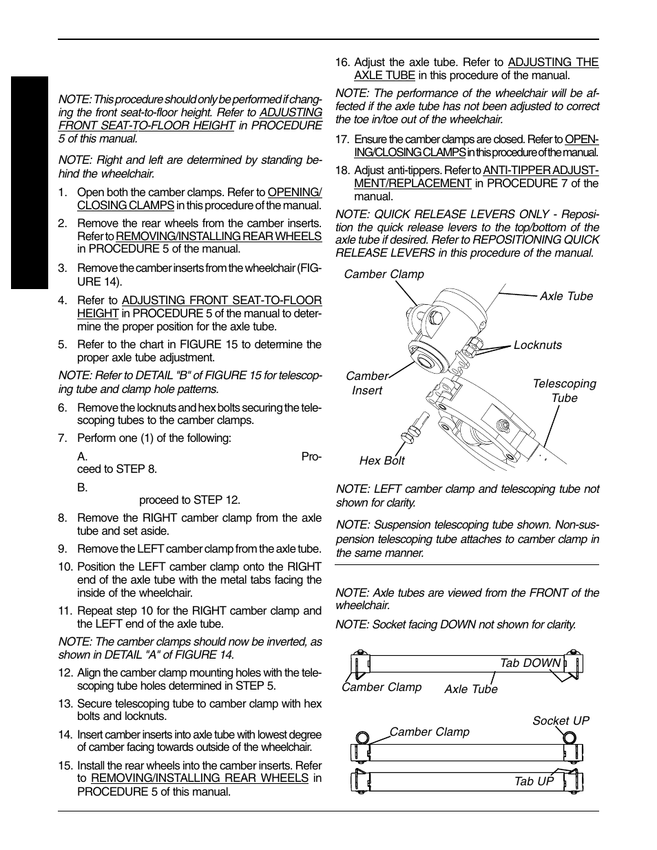 Repositioning the axle tube (figures 14 and 15) | Invacare F-6S User Manual | Page 28 / 52