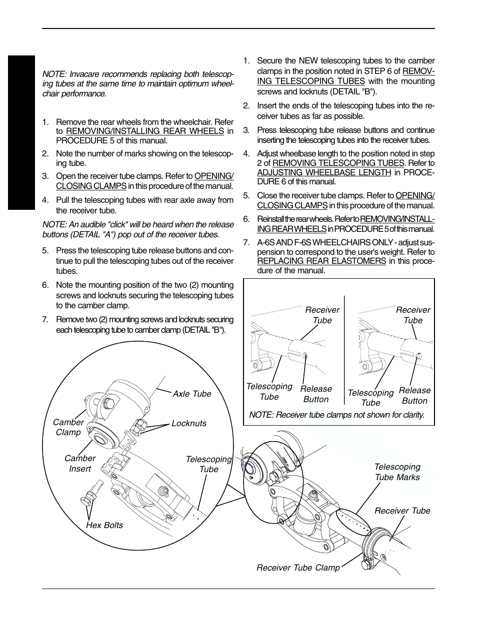 Removing/installing telescoping tubes (figure 17) | Invacare F-6S User Manual | Page 30 / 52