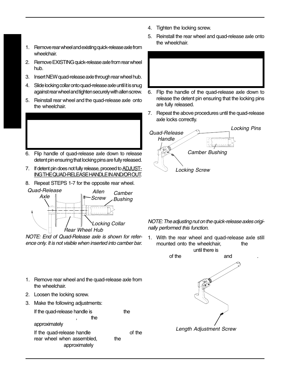 Removing the play from the rear wheels (figure 5), Installing quad-release axle (figure 3) | Invacare F-6S User Manual | Page 32 / 52