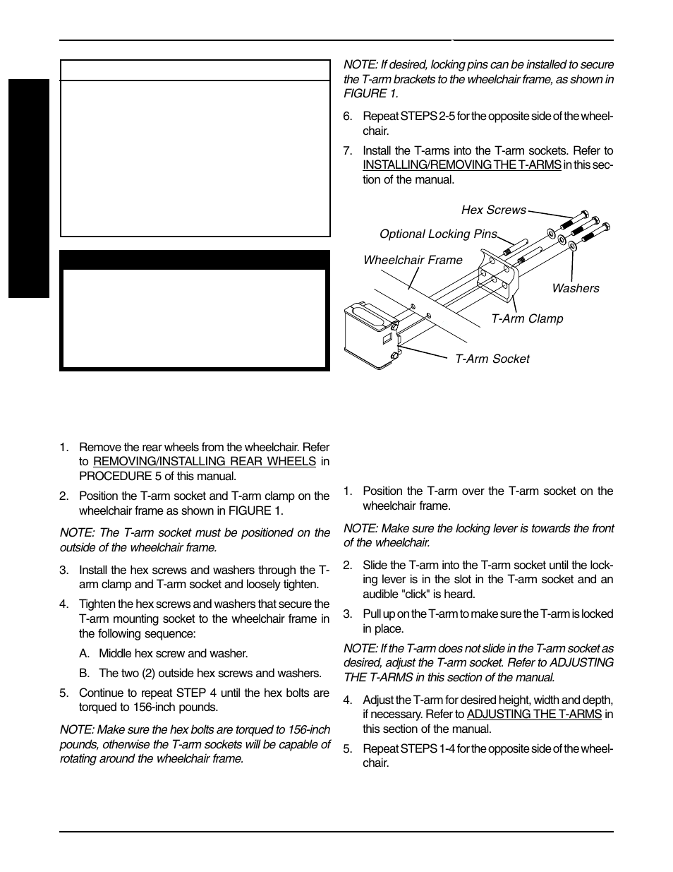 A r m s, Installing/removing the t-arms (figure 2), Installing the t-arm sockets (figure 1) | Invacare F-6S User Manual | Page 44 / 52