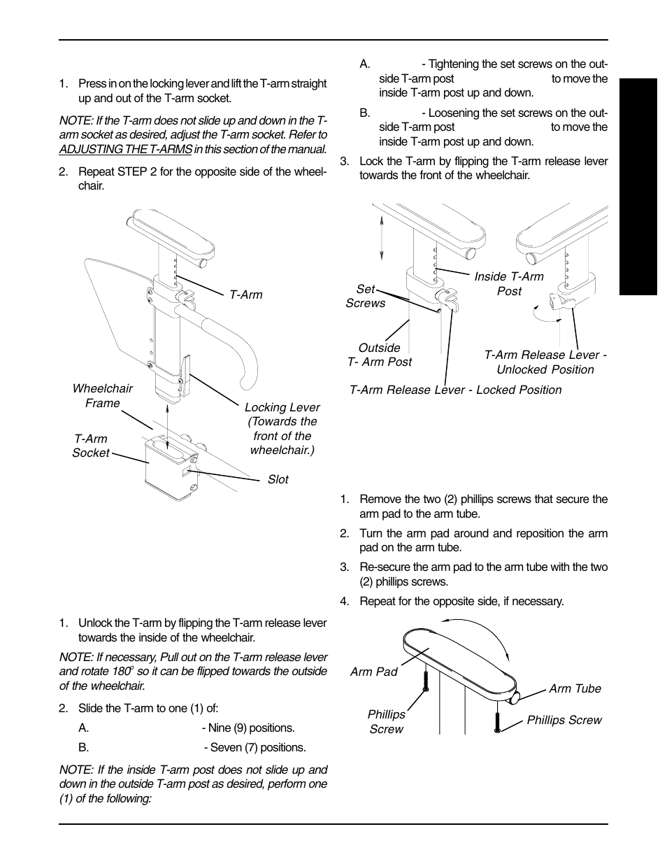 A r m s, Adjusting the t-arms | Invacare F-6S User Manual | Page 45 / 52