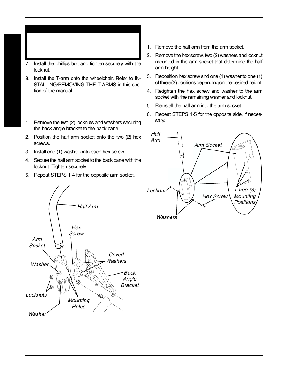 Installing the half arm socket (figure 9), Adjusting half arm height (figure 10), A r m s | Invacare F-6S User Manual | Page 48 / 52