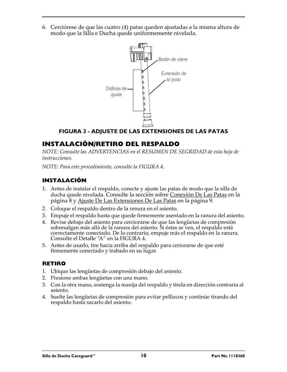 Figura 3, Instalación/retiro del respaldo | Invacare 95-2 User Manual | Page 10 / 20