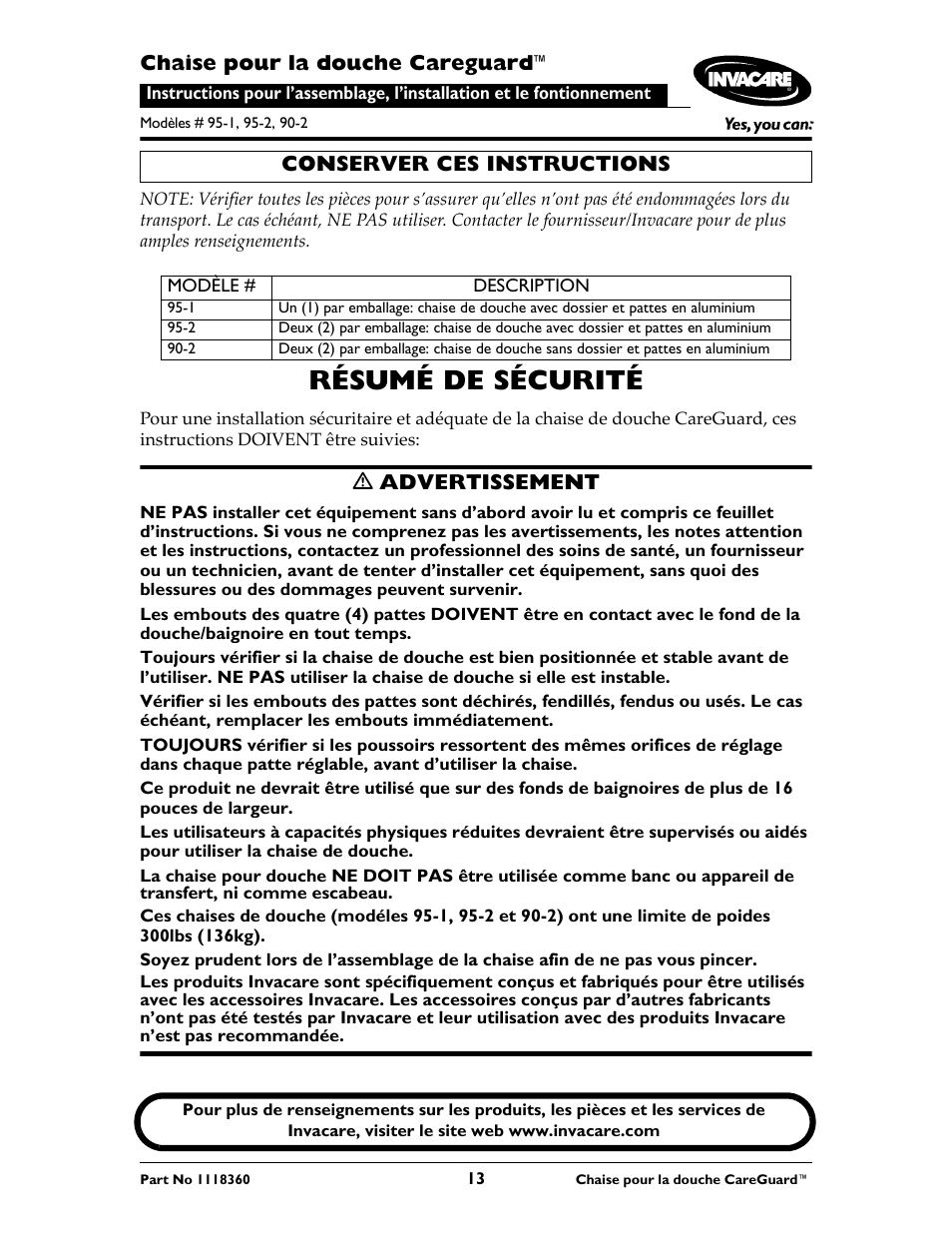 Résumé de sécurité, Chaise pour la douche careguard, Ƽ advertissement | Conserver ces instructions | Invacare 95-2 User Manual | Page 13 / 20