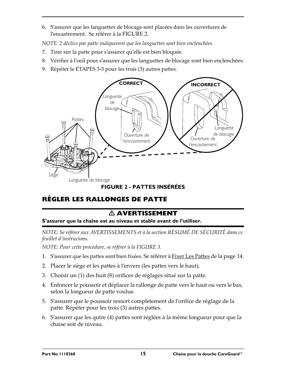 Régler les rallonges de patte ƽ avertissement | Invacare 95-2 User Manual | Page 15 / 20