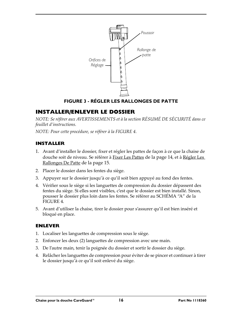 Installer/enlever le dossier | Invacare 95-2 User Manual | Page 16 / 20