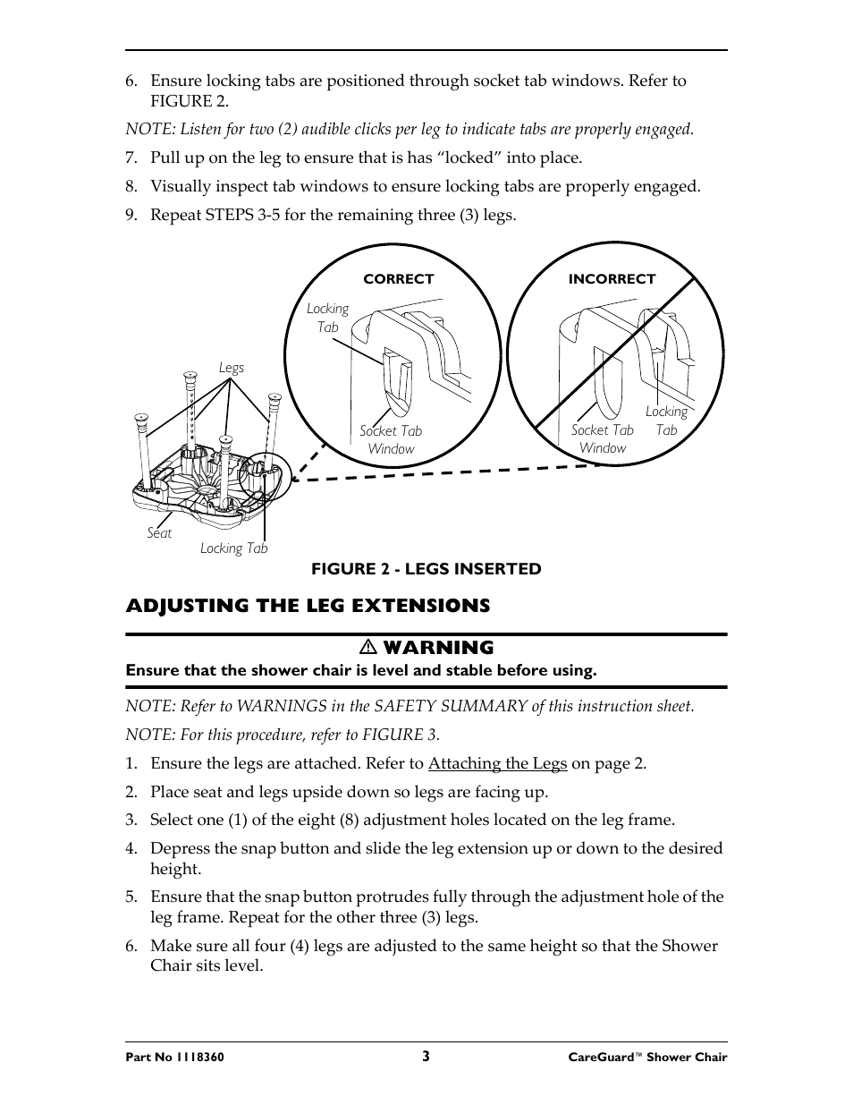 Adjusting the leg extensions ƽ warning | Invacare 95-2 User Manual | Page 3 / 20