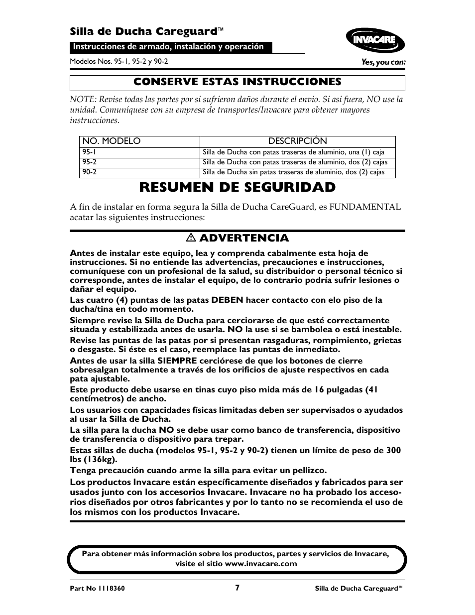 Resumen de seguridad, Silla de ducha careguard, Ƽ advertencia | Conserve estas instrucciones | Invacare 95-2 User Manual | Page 7 / 20