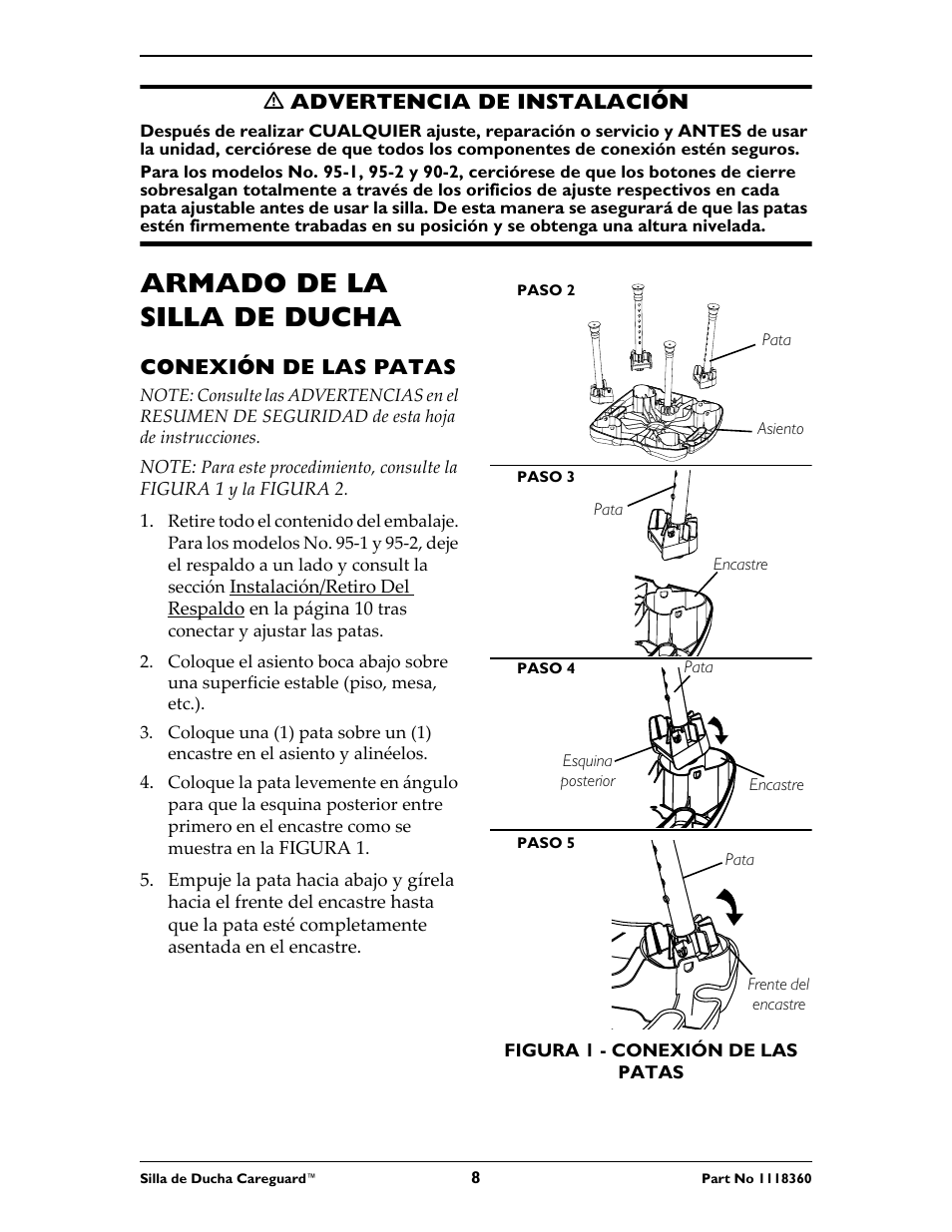 Armado de la silla de ducha, Ƽ advertencia de instalación, Conexión de las patas | Invacare 95-2 User Manual | Page 8 / 20