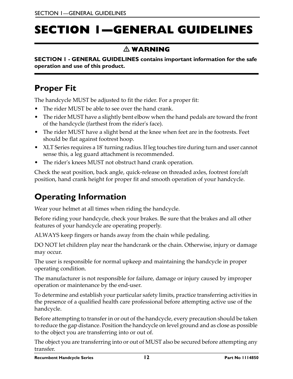 Section 1—general guidelines, Proper fit operating information, Proper fit | Operating information | Invacare Force User Manual | Page 12 / 76