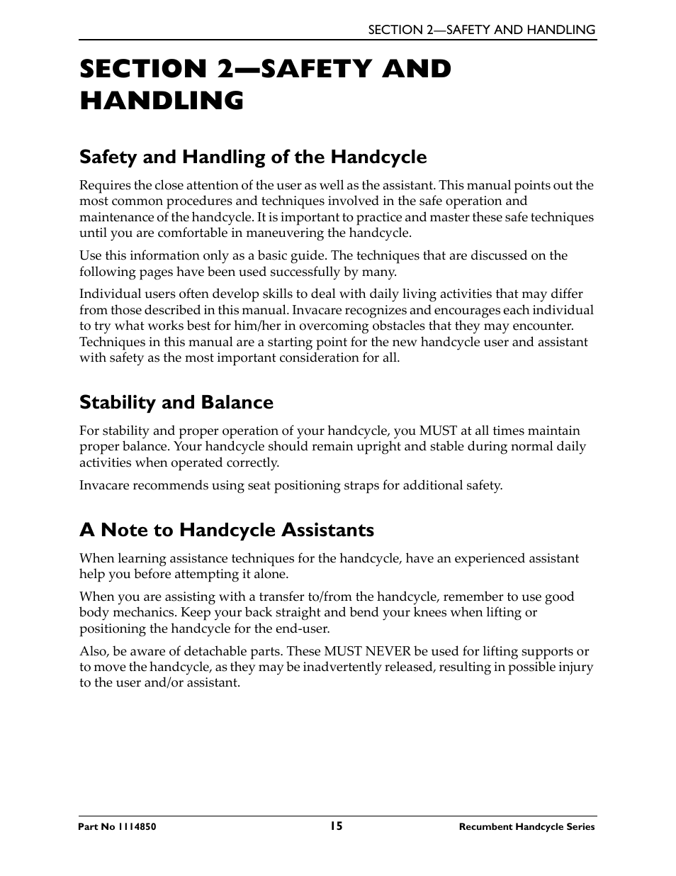 Section 2—safety and handling, Safety and handling of the handcycle, Stability and balance | Invacare Force User Manual | Page 15 / 76