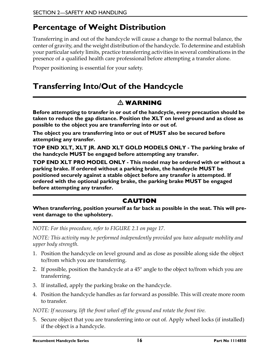 Percentage of weight distribution, Transferring into/out of the handcycle | Invacare Force User Manual | Page 16 / 76