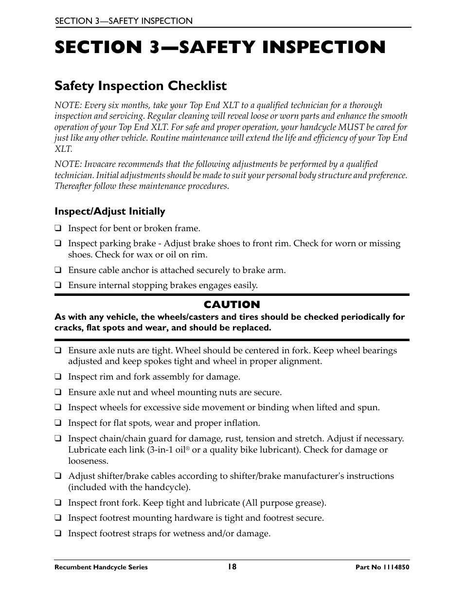 Section 3—safety inspection, Safety inspection checklist, Inspect/adjust initially | Invacare Force User Manual | Page 18 / 76