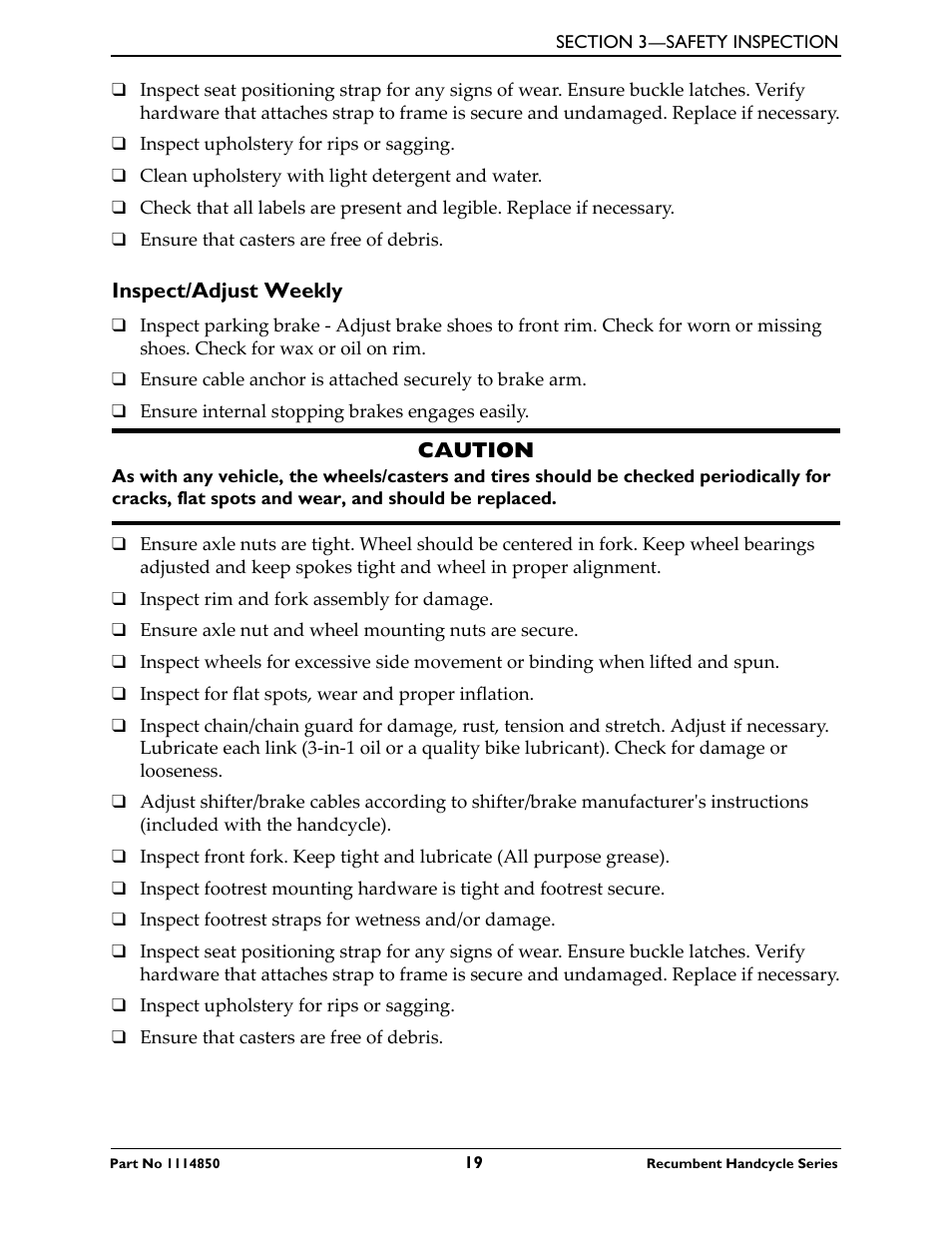 Inspect/adjust weekly | Invacare Force User Manual | Page 19 / 76