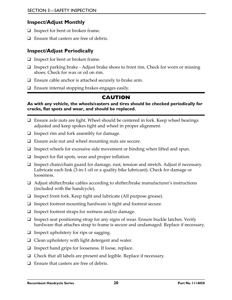 Inspect/adjust monthly, Inspect/adjust periodically | Invacare Force User Manual | Page 20 / 76