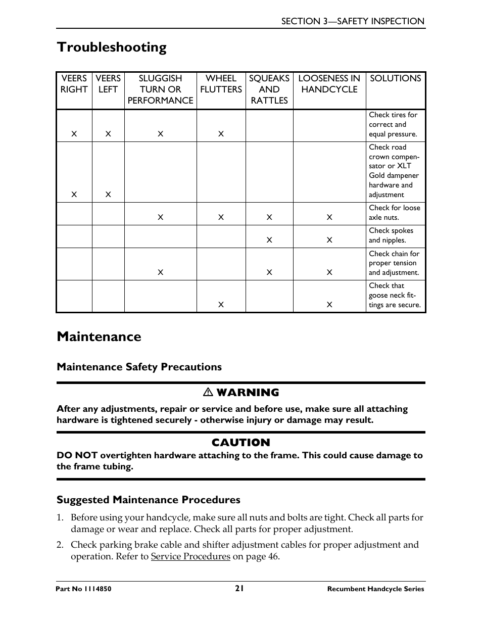 Troubleshooting maintenance, Maintenance safety precautions, Suggested maintenance procedures | Troubleshooting, Maintenance, Maintenance safety precautions ƽ warning, Caution | Invacare Force User Manual | Page 21 / 76