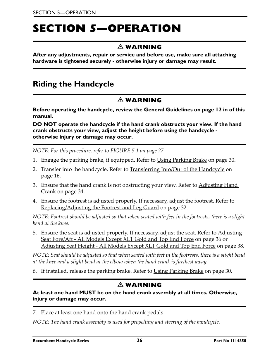 Section 5—operation, Riding the handcycle | Invacare Force User Manual | Page 26 / 76