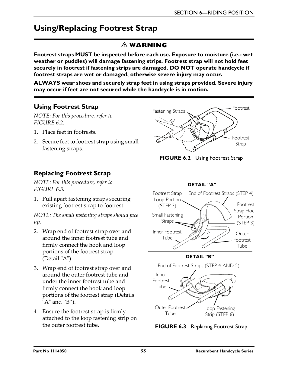 Using/replacing footrest strap, Using footrest strap, Replacing footrest strap | Invacare Force User Manual | Page 33 / 76