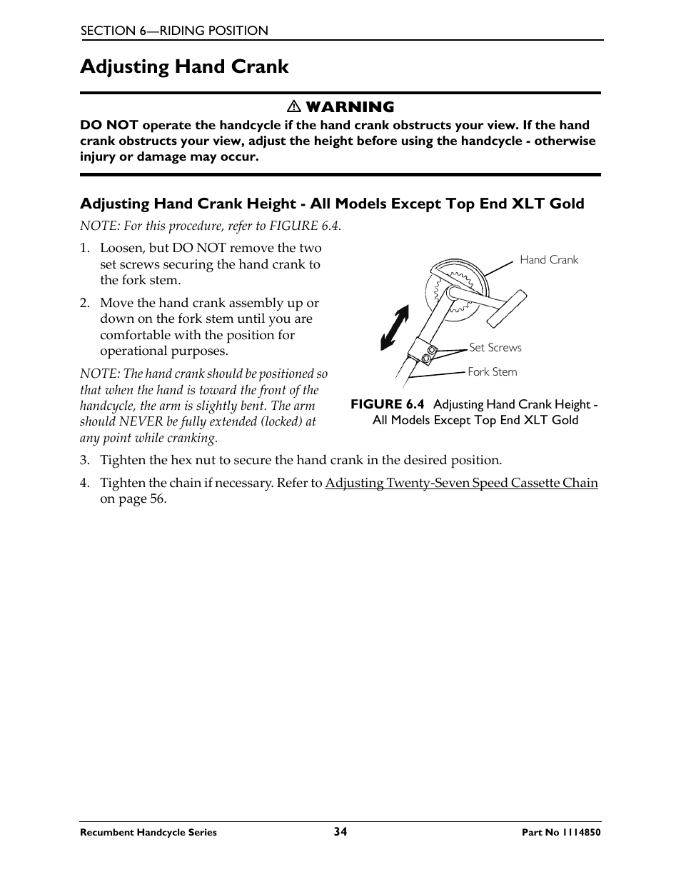 Adjusting hand crank, Refer to adjusting hand | Invacare Force User Manual | Page 34 / 76