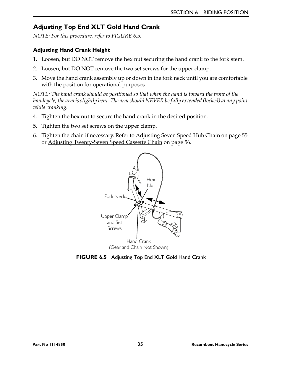 Adjusting top end xlt gold hand crank | Invacare Force User Manual | Page 35 / 76