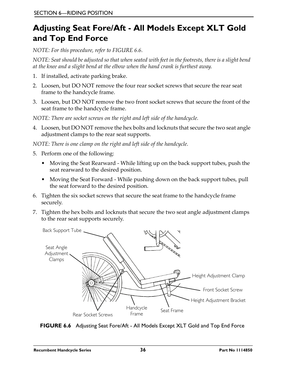 Adjusting seat fore/aft ‐ all models except xlt, Refer to adjusting | Invacare Force User Manual | Page 36 / 76