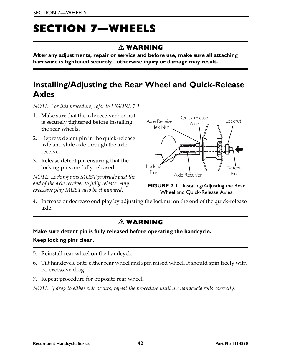 Section 7—wheels | Invacare Force User Manual | Page 42 / 76