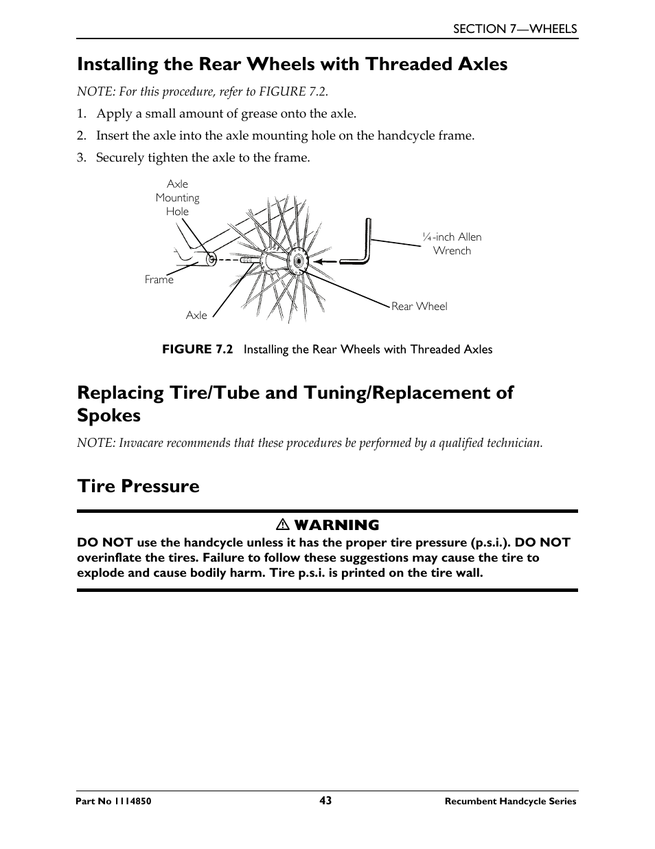 Installing the rear wheels with threaded axles, Tire pressure | Invacare Force User Manual | Page 43 / 76