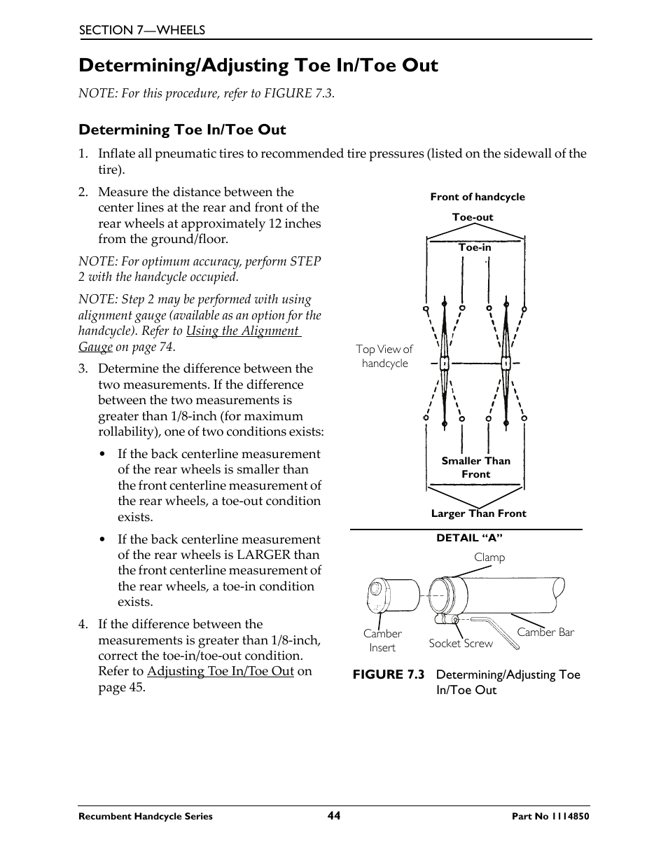 Determining/adjusting toe in/toe out, Determining toe in/toe out | Invacare Force User Manual | Page 44 / 76