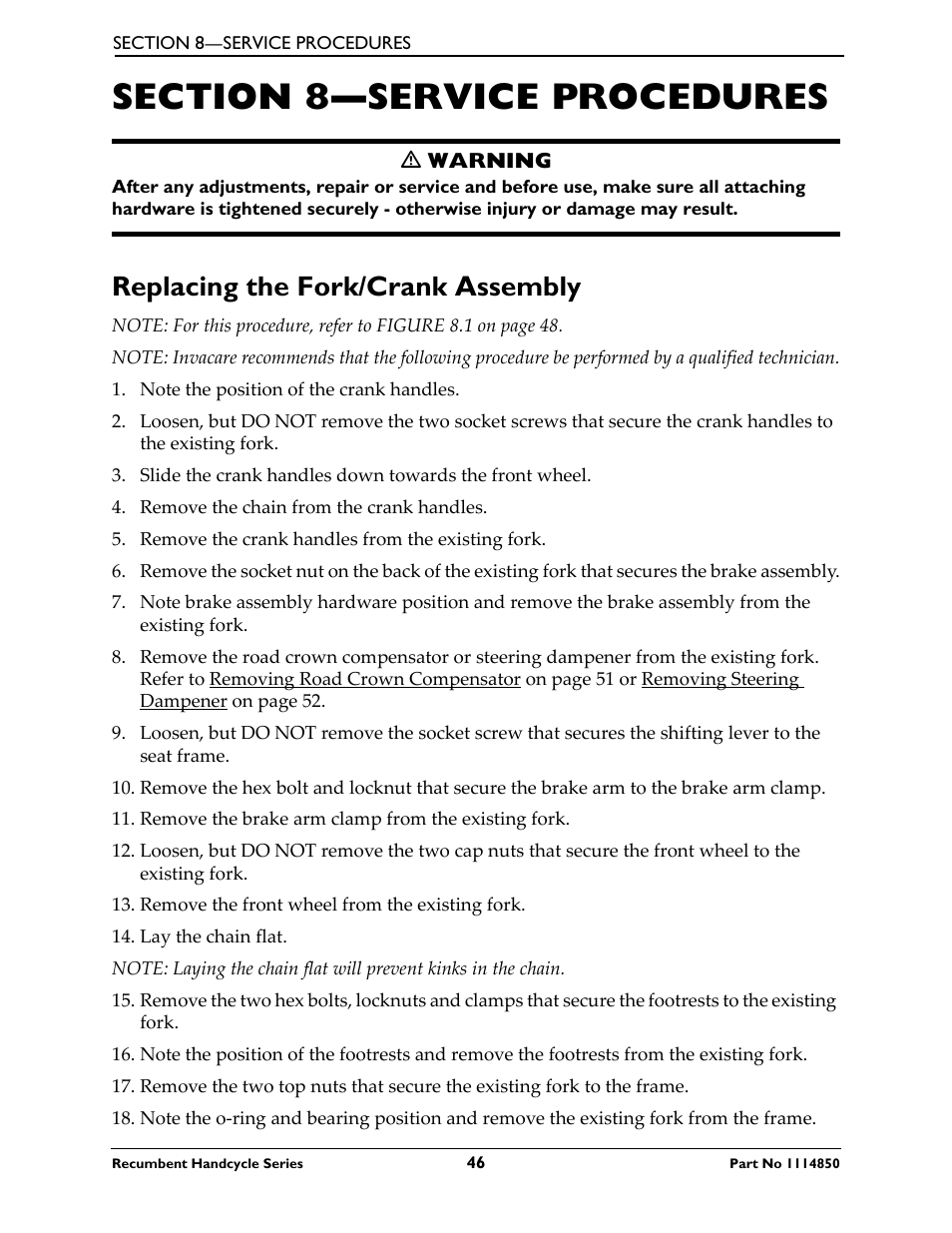 Section 8—service procedures, Replacing the fork/crank assembly | Invacare Force User Manual | Page 46 / 76