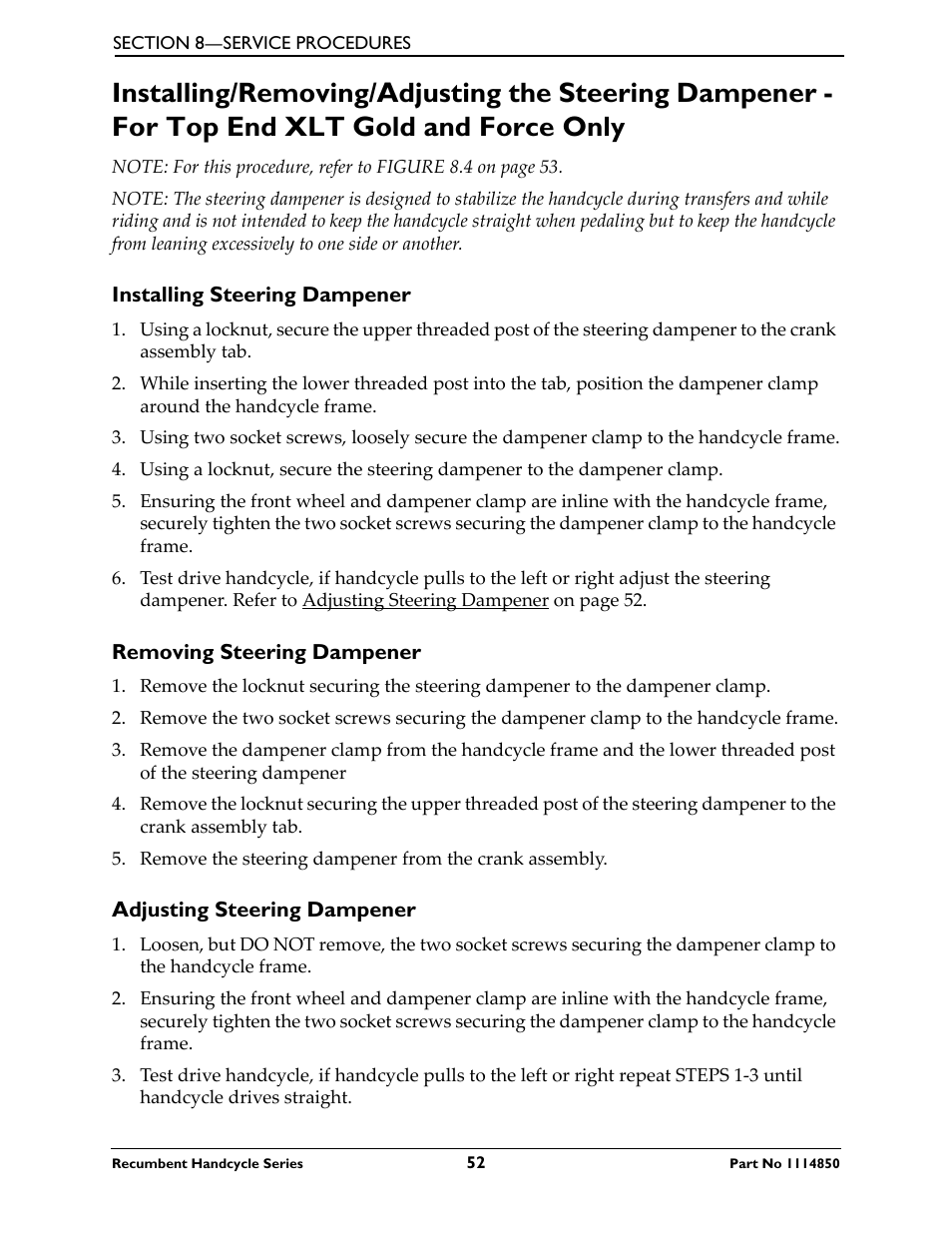 Installing steering dampener, Removing steering dampener, Adjusting steering dampener | Invacare Force User Manual | Page 52 / 76